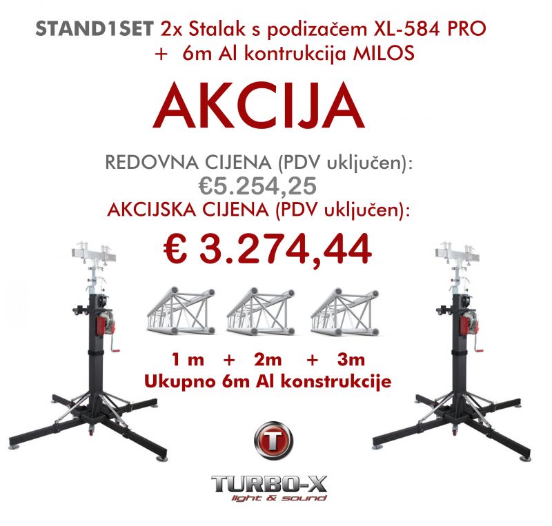 STAND1SET 2x Stalak s podizačem XL584 +  6m Al kontrukcija MILOS