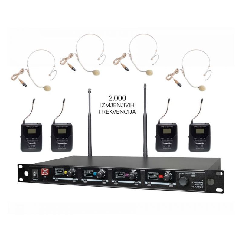 Bežični UHF set 4 naglavna mikrofona IU-4015B PLL 2000 freq.  X-AUDIO Cijena